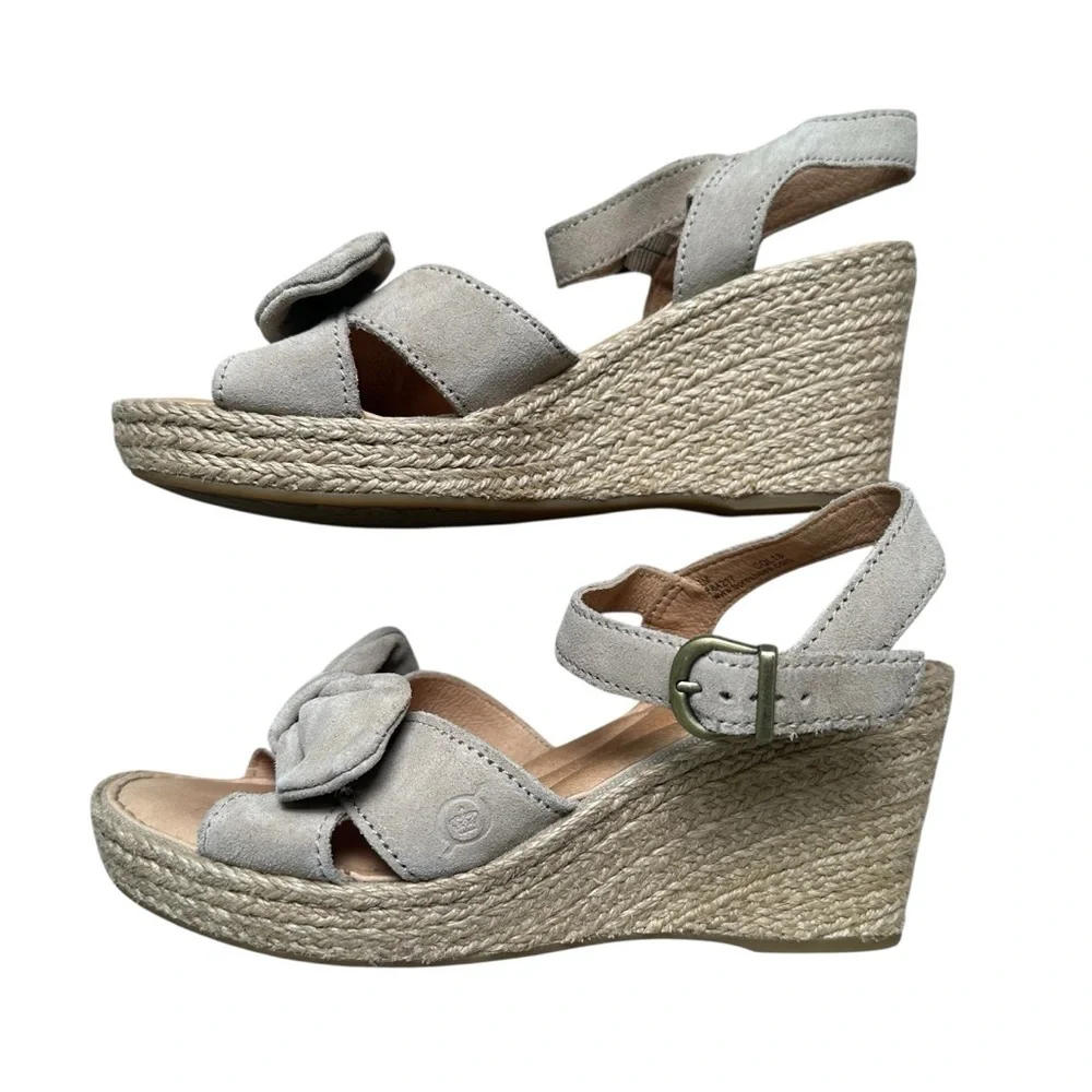 Born Women’s 7 Beige Bow Espadrille Leather Open Toe Wedge Sandal